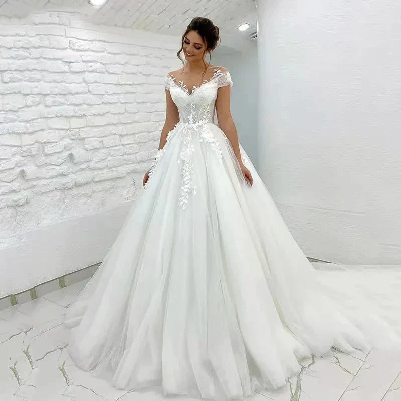 Princess Lace Tulle A Line Wedding Dress Sweetheart Cap Sleeve 3D Appliques Boho Bridal Gowns For Woman Button Vestidos De Novia