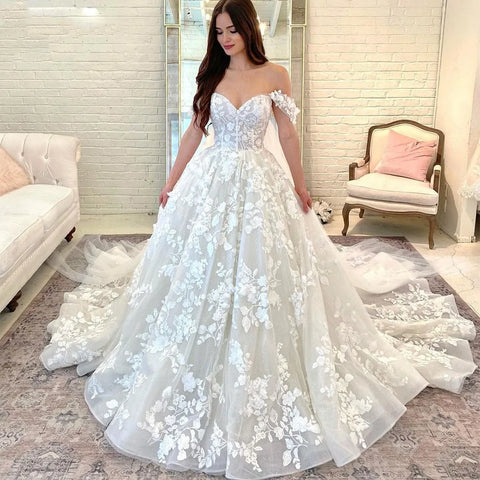 Vestidos de novia de princesa para mujeres elegantes, con hombros descubiertos, escote corazón y apliques de encaje. Vestido de novia de baile.
