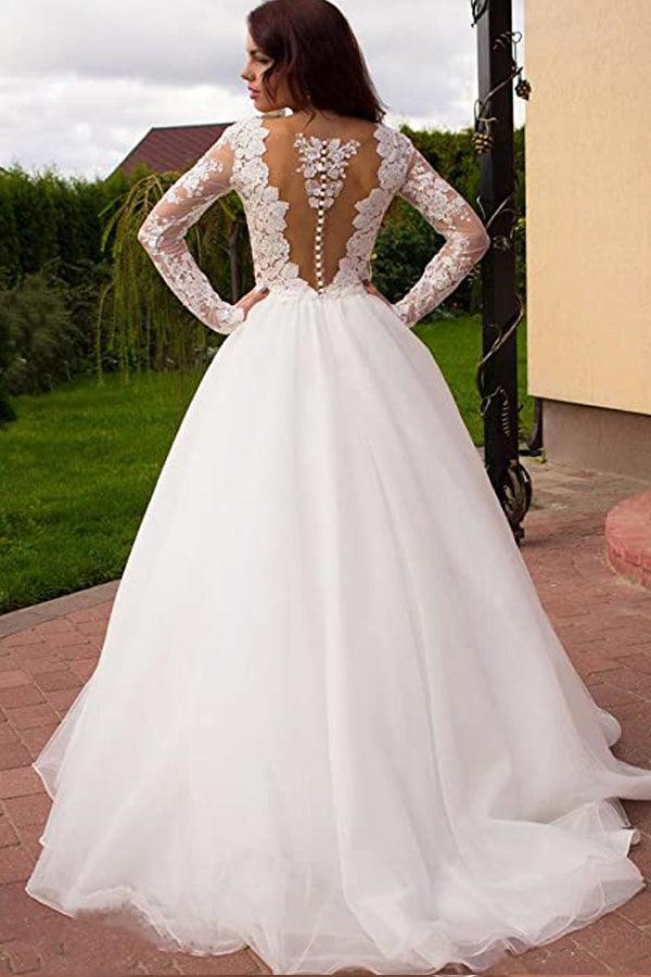 Vestidos de novia de corte princesa, línea A, escote en V, tul color marfil, mangas largas WD181