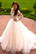 Vestidos de novia de corte princesa, línea A, escote en V, tul color marfil, mangas largas WD181