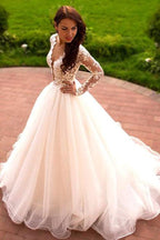 Vestidos de novia de corte princesa, línea A, escote en V, tul color marfil, mangas largas WD181