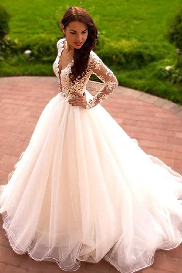 Vestidos de novia de corte princesa, línea A, escote en V, tul color marfil, mangas largas WD181