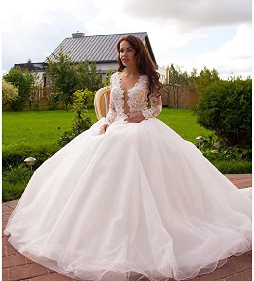 Vestidos de novia de corte princesa, línea A, escote en V, tul color marfil, mangas largas WD181