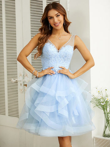 Vestidos hasta la rodilla con escote en V y apliques SYH58 