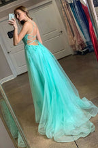 Vestido de graduación amarillo con apliques y abertura SYP97