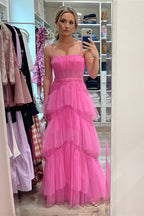Vestido de fiesta de tul rosa fucsia con volantes SYP103