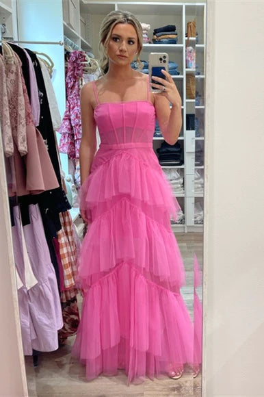 Princess Hot Pink Tiered Tulle Prom Dress SYP103