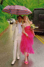 Vestido de fiesta de tul rosa fucsia con volantes SYP103