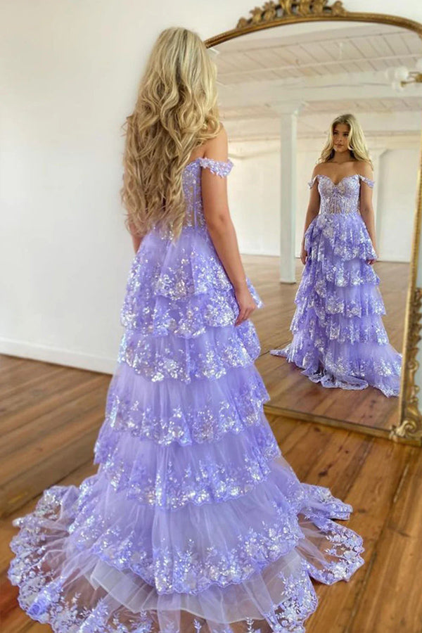 Princess Lace Tiered Stunning Purple Prom Dress With Lace Ruffles