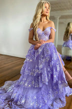 Princess Lace Tiered Stunning Purple Prom Dress With Lace Ruffles