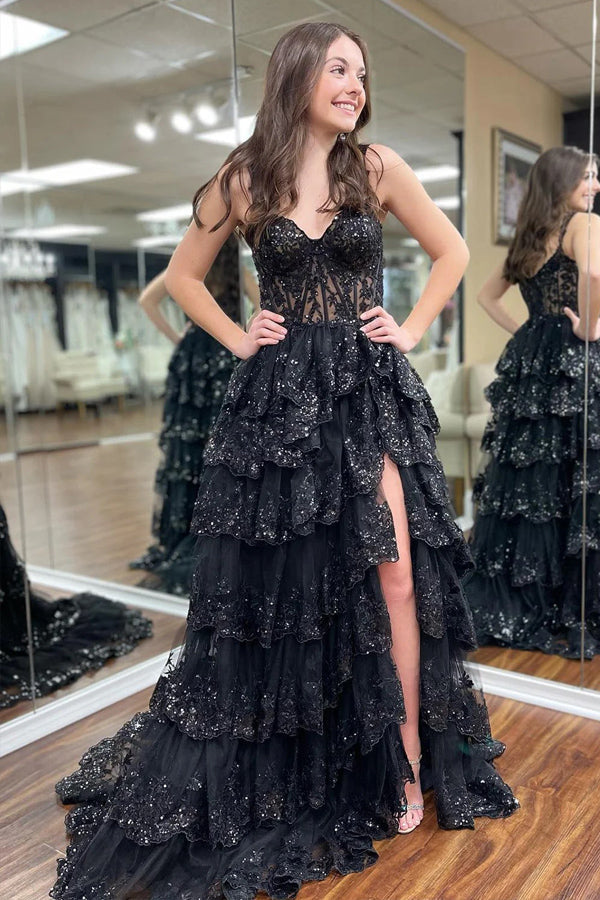 Princess Lace Tiered Stunning Purple Prom Dress With Lace Ruffles