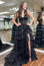 Princess Lace Tiered Stunning Purple Prom Dress With Lace Ruffles