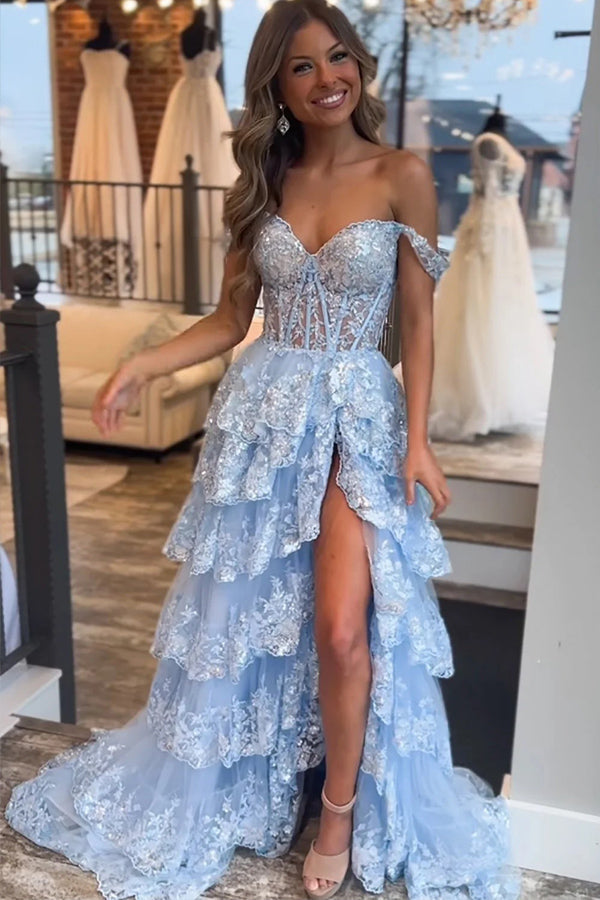 Princess Lace Tiered Stunning Purple Prom Dress With Lace Ruffles