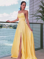 Vestido de graduación de satén | Vestido de graduación amarillo | Vestido de graduación con abertura SYP127
