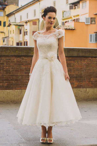 Vestidos de novia de tul hasta la rodilla estilo princesa con flores aplicadas WD684