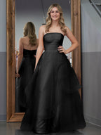 Vestido de fiesta de organza rosa claro, corte en A, sin tirantes