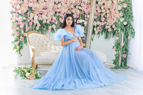 Vestidos de maternidad de tul azul abullonado para sesión de fotos