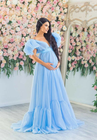 Vestidos de maternidad de tul azul abullonado para sesión de fotos