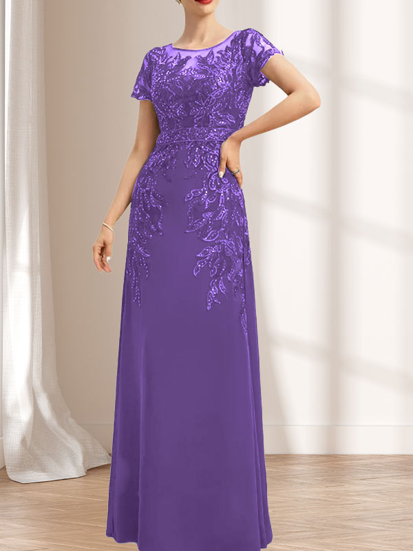 Vestido de novia de corte recto/columna, escote redondo, ilusión, largo hasta el suelo, de encaje y gasa con lentejuelas.