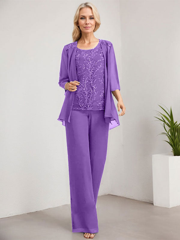 Vestido de novia de gasa con encaje y lentejuelas, estilo mono/pantalón, largo hasta el suelo, con escote redondo.