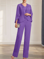 Combinaison/Tailleur-pantalon deux pièces, robe longue en mousseline à col V pour la mère de la mariée