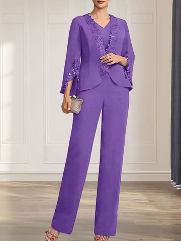 Separates Jumpsuit/Pantsuit V-Neck Floor-Length Chiffon Mother of the Bride Dress