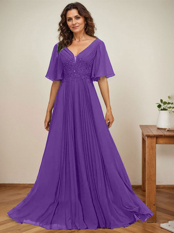 Vestido de corte A, escote en V, largo hasta el suelo, de gasa, para la madre de la novia, con apliques de lentejuelas y encaje plisado. 