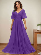 Vestido de corte A, escote en V, largo hasta el suelo, de gasa, para la madre de la novia, con apliques de lentejuelas y encaje plisado. 