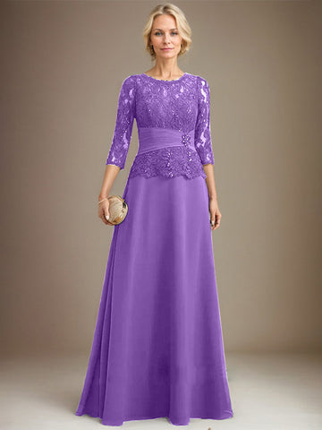 A-line Scoop Illusion Floor-Length Chiffon Lace Mother of the Bride Dress With Pleated Sequins Beading