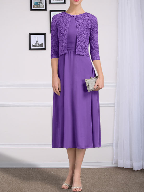 Vestido de chifón de corte línea A, largo té, para la madre de la novia, con escote redondo y pliegues.