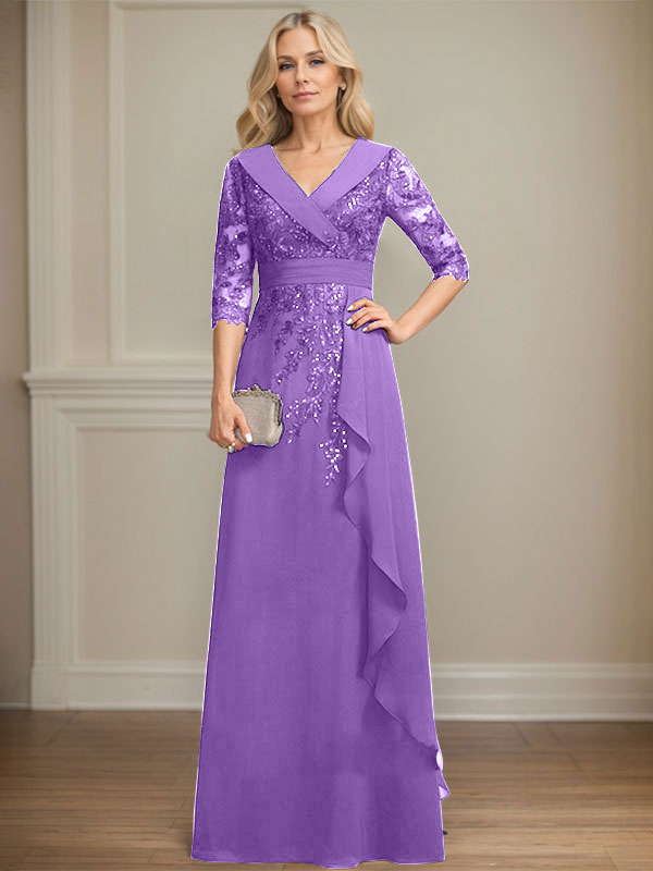 A-line Collared V-Neck Floor-Length Lace Chiffon Mother of the Bride Dress With Sequins Cascading Ruffles