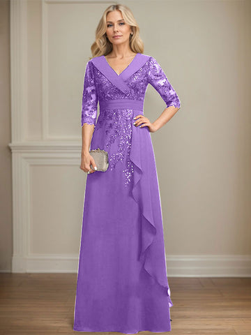 A-line Collared V-Neck Floor-Length Lace Chiffon Mother of the Bride Dress With Sequins Cascading Ruffles