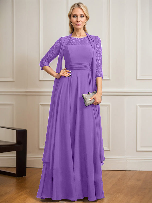 Vestido de novia de corte A, escote redondo ilusión, largo hasta el suelo, de gasa de encaje con pliegues. 