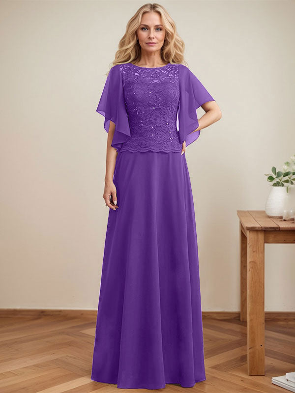 Vestido de novia de corte A, escote redondo, ilusión, largo hasta el suelo, de encaje y gasa con lentejuelas. 