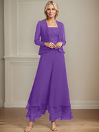 Conjunto de pantalón y chaqueta de dos piezas, corte cuadrado, largo hasta el tobillo, encaje, gasa, vestido de madre de la novia con lentejuelas 