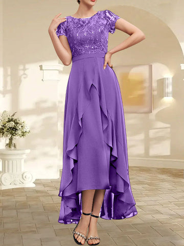 A-line Scoop Illusion Asymmetrical Chiffon Lace Mother of the Bride Dress With Bow Ruffle Sequins