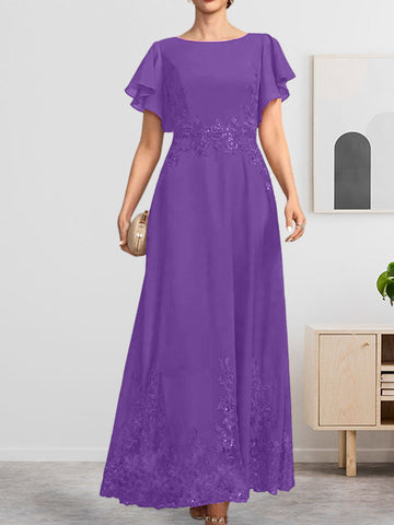 A-line Scoop Ankle-Length Lace Chiffon Mother of the Bride Dress With Sequins