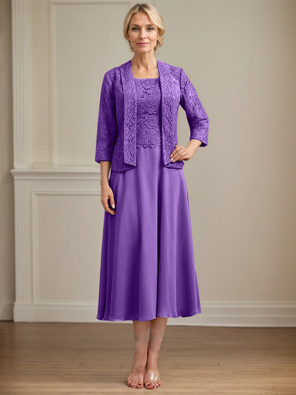 Vestido de corte A con escote redondo y largo hasta la rodilla en gasa de encaje para la madre de la novia 
