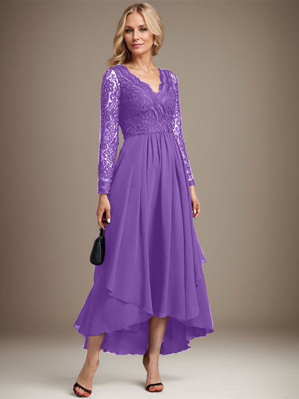 Vestido de novia de gasa con encaje asimétrico, escote en V y corte en A para la madre de la novia 
