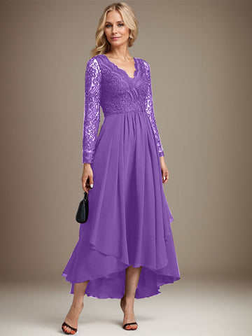 A-line V-Neck Asymmetrical Lace Chiffon Mother of the Bride Dress