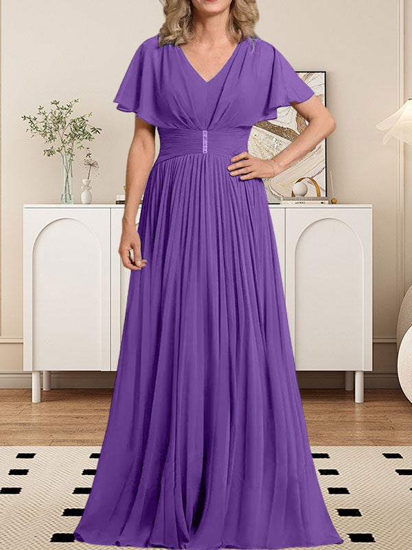 Vestido de gasa de corte A, escote en V, largo hasta el suelo, para la madre de la novia, con broche de cristal y pliegues. 