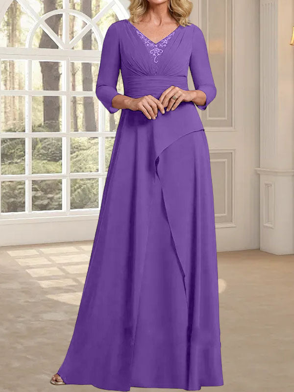 Vestido de gasa de corte A, escote en V, largo hasta el suelo, para la madre de la novia, con plisados ​​y cuentas.