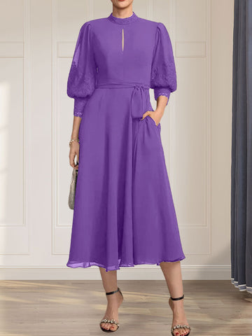 A-line High Neck Tea-Length Lace Chiffon Mother of the Bride Dress With Bow