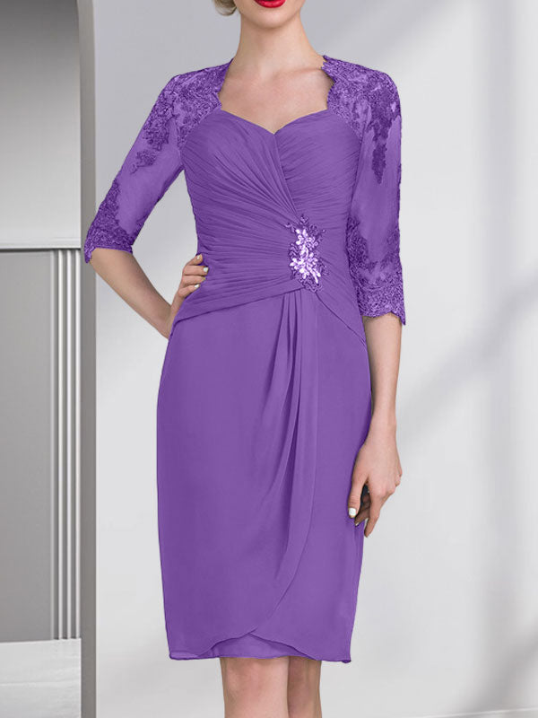 Vestido de corte recto/columna, escote corazón, largo hasta la rodilla, de gasa, con apliques de cuentas, encaje, lentejuelas y pliegues para la madre de la novia.