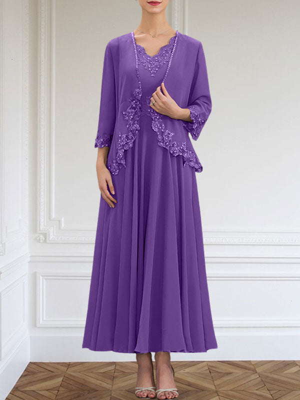 Vestido de corte A, escote en V, largo hasta el tobillo, de gasa, para la madre de la novia, con apliques de lentejuelas, encaje y pedrería.