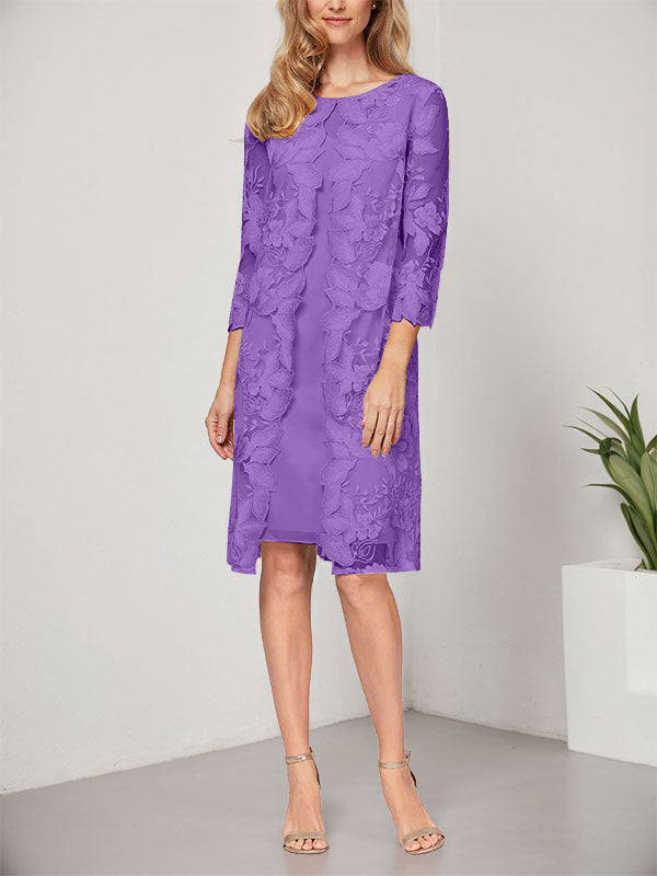 Vestido de corte A, escote redondo, largo hasta la rodilla, de gasa y encaje, para la madre de la novia, con chaqueta. 
