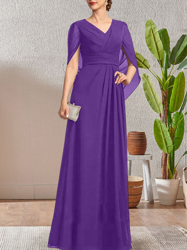 Vestido largo azul marino oscuro de corte A con escote en V para la madre de la novia