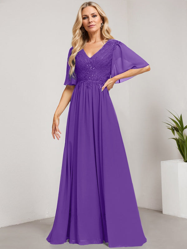 Vestido de novia de corte A, escote en V, largo hasta el suelo, de gasa de encaje con lentejuelas para la madre de la novia 
