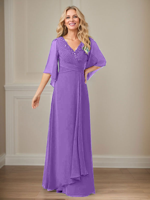 Vestido de mamá largo de gasa con lentejuelas, escote en V y corte en A