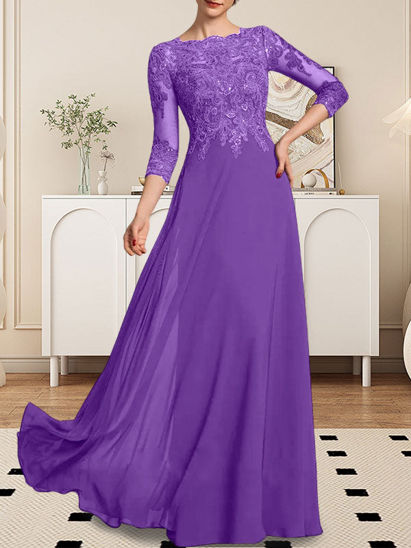 Vestido de novia de corte línea A, escote redondo, largo hasta el suelo, de encaje y gasa con lentejuelas.